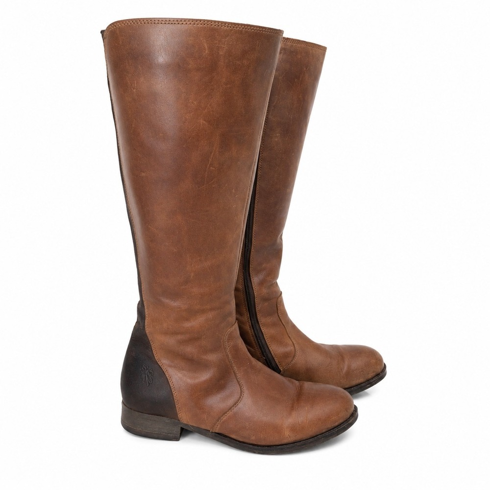 FLY London Women's 42 Brown Leather Knee High Riding Boots Zip Distressed
